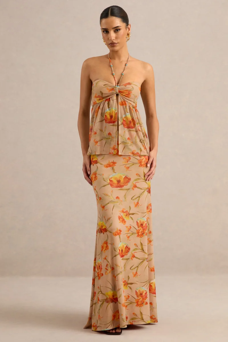 Flaviah | Falda Maxi Naranja Floral De Malla - Imagen 4