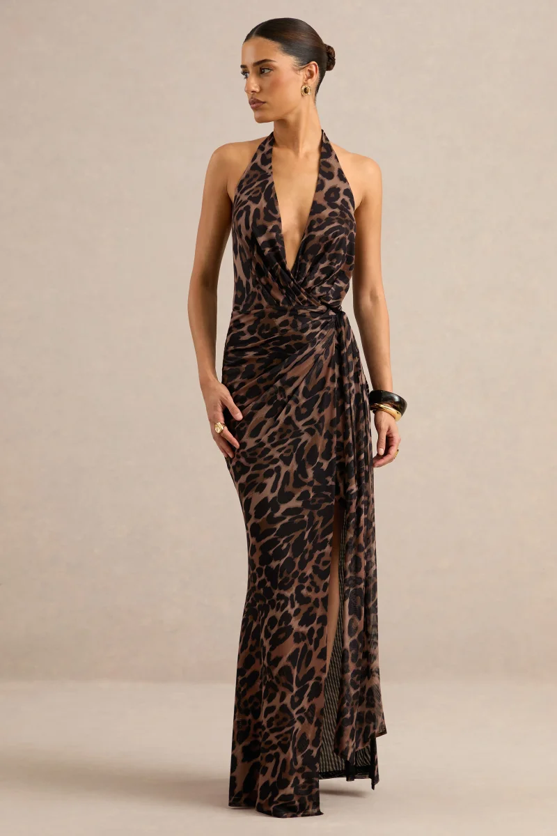 Anwen | Vestido Largo De Malla Con Estampado De Leopardo, Cuello En V Y Abertura Alta Delantera