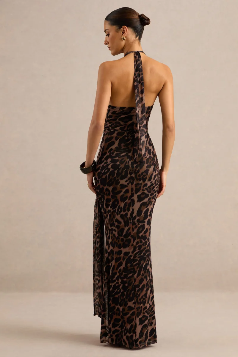 Anwen | Vestido Largo De Malla Con Estampado De Leopardo, Cuello En V Y Abertura Alta Delantera - Imagen 3