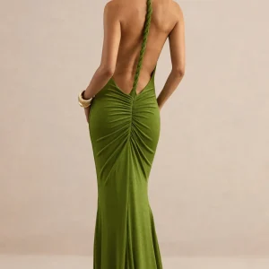 Ariosa | Vestido largo color lima con cuello alto y espalda abierta