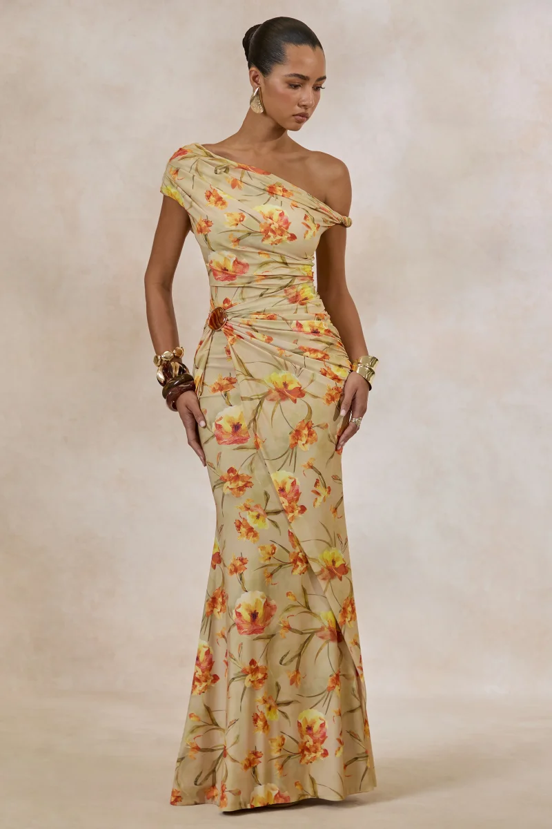 Asiya | Vestido Largo Naranja Floral Con Escote Asimétrico Y Detalle Fruncido - Imagen 5