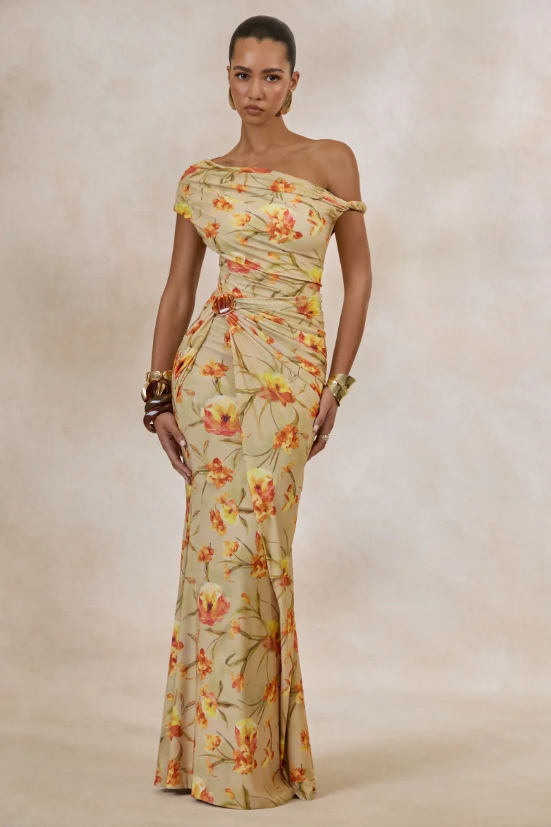 Asiya | Vestido Largo Naranja Floral Con Escote Asimétrico Y Detalle Fruncido - Imagen 6