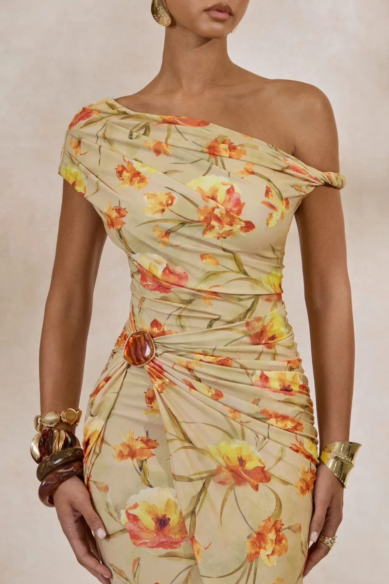 Asiya | Vestido Largo Naranja Floral Con Escote Asimétrico Y Detalle Fruncido - Imagen 7
