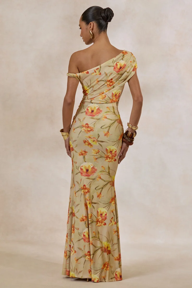 Asiya | Vestido Largo Naranja Floral Con Escote Asimétrico Y Detalle Fruncido - Imagen 4