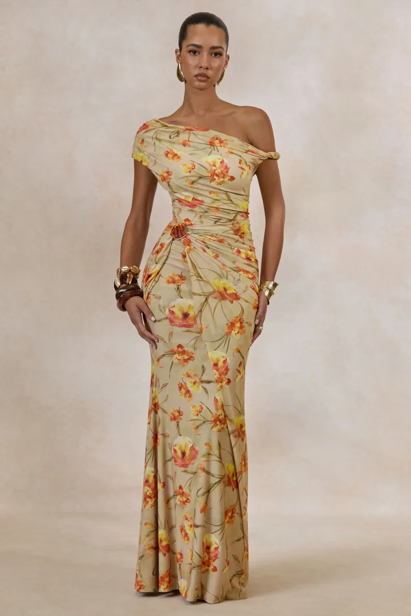 Asiya | Vestido Largo Naranja Floral Con Escote Asimétrico Y Detalle Fruncido - Imagen 8