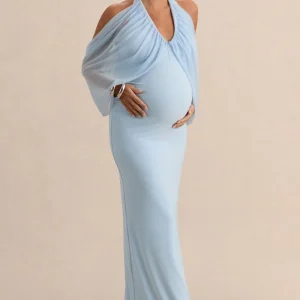 Caris | Vestido Largo Premamá Azul Claro Con Escote Bardot