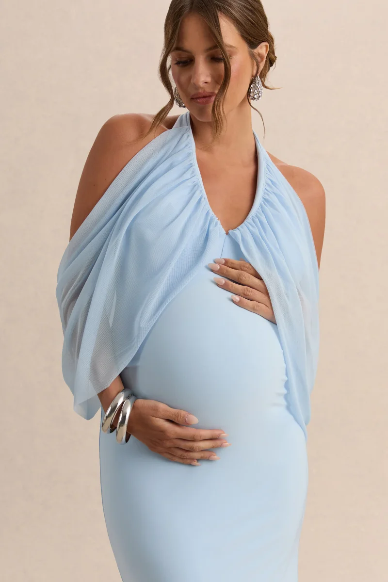 Caris | Vestido Largo Premamá Azul Claro Con Escote Bardot - Imagen 6
