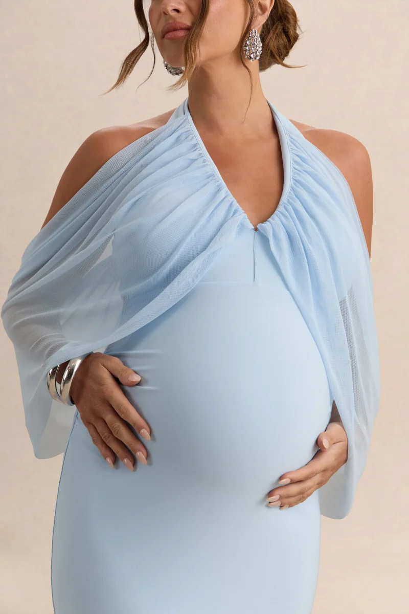 Caris | Vestido Largo Premamá Azul Claro Con Escote Bardot - Imagen 4