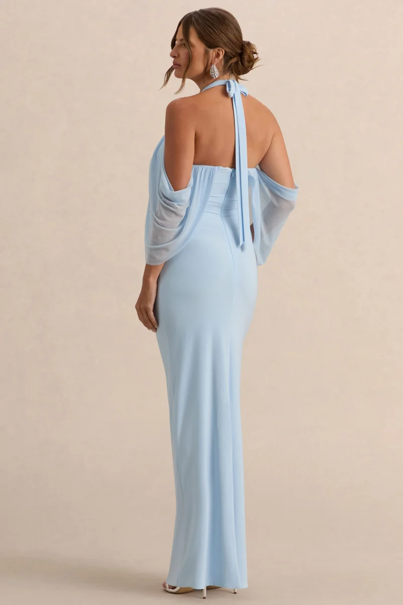Caris | Vestido Largo Premamá Azul Claro Con Escote Bardot - Imagen 3