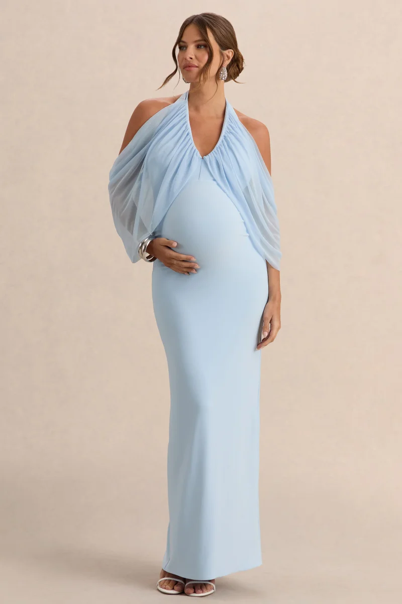 Caris | Vestido Largo Premamá Azul Claro Con Escote Bardot - Imagen 5