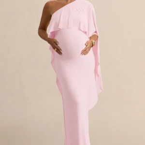 Cicely | Vestido Largo Premamá rosa claro con escote asimétrico y manga de capa