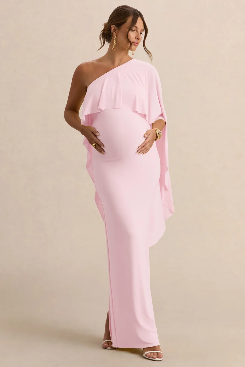 Cicely | Vestido Largo Premamá rosa claro con escote asimétrico y manga de capa