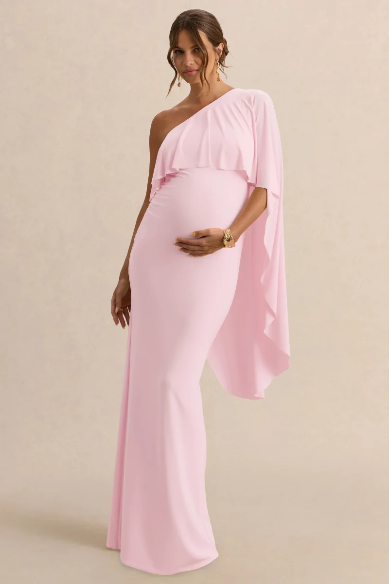 Cicely | Vestido Largo Premamá rosa claro con escote asimétrico y manga de capa - Imagen 6