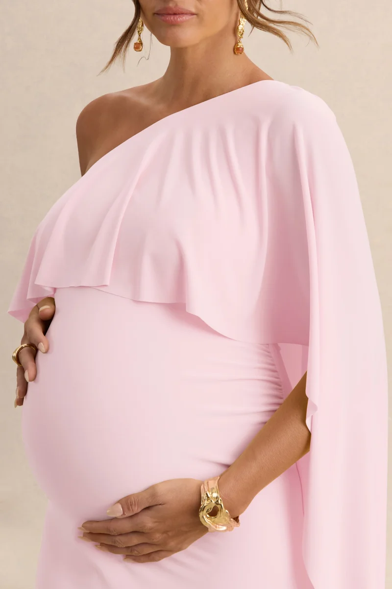 Cicely | Vestido Largo Premamá rosa claro con escote asimétrico y manga de capa - Imagen 8