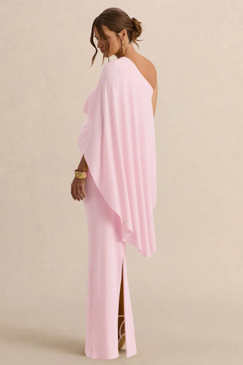 Cicely | Vestido Largo Premamá rosa claro con escote asimétrico y manga de capa - Imagen 3
