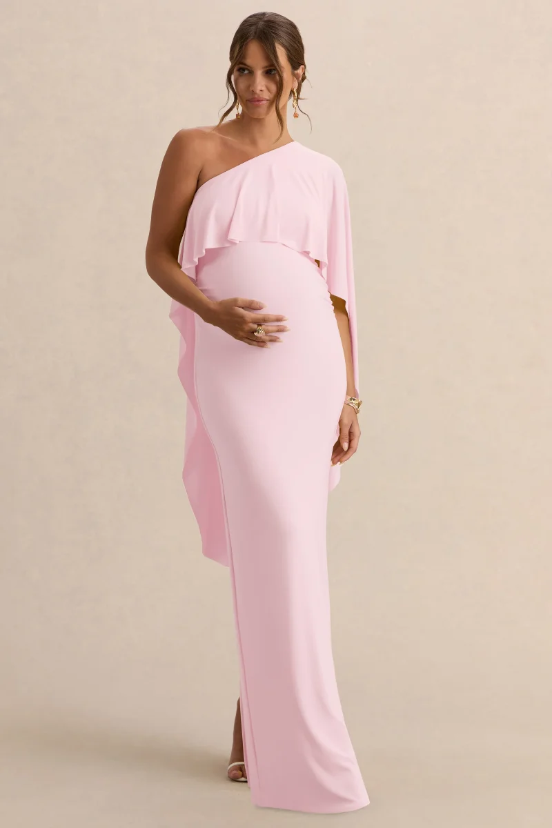 Cicely | Vestido Largo Premamá rosa claro con escote asimétrico y manga de capa - Imagen 7