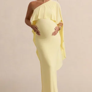 Cicely | Vestido Largo Premamá Limón Con Escote Asimétrico Y Manga Capa