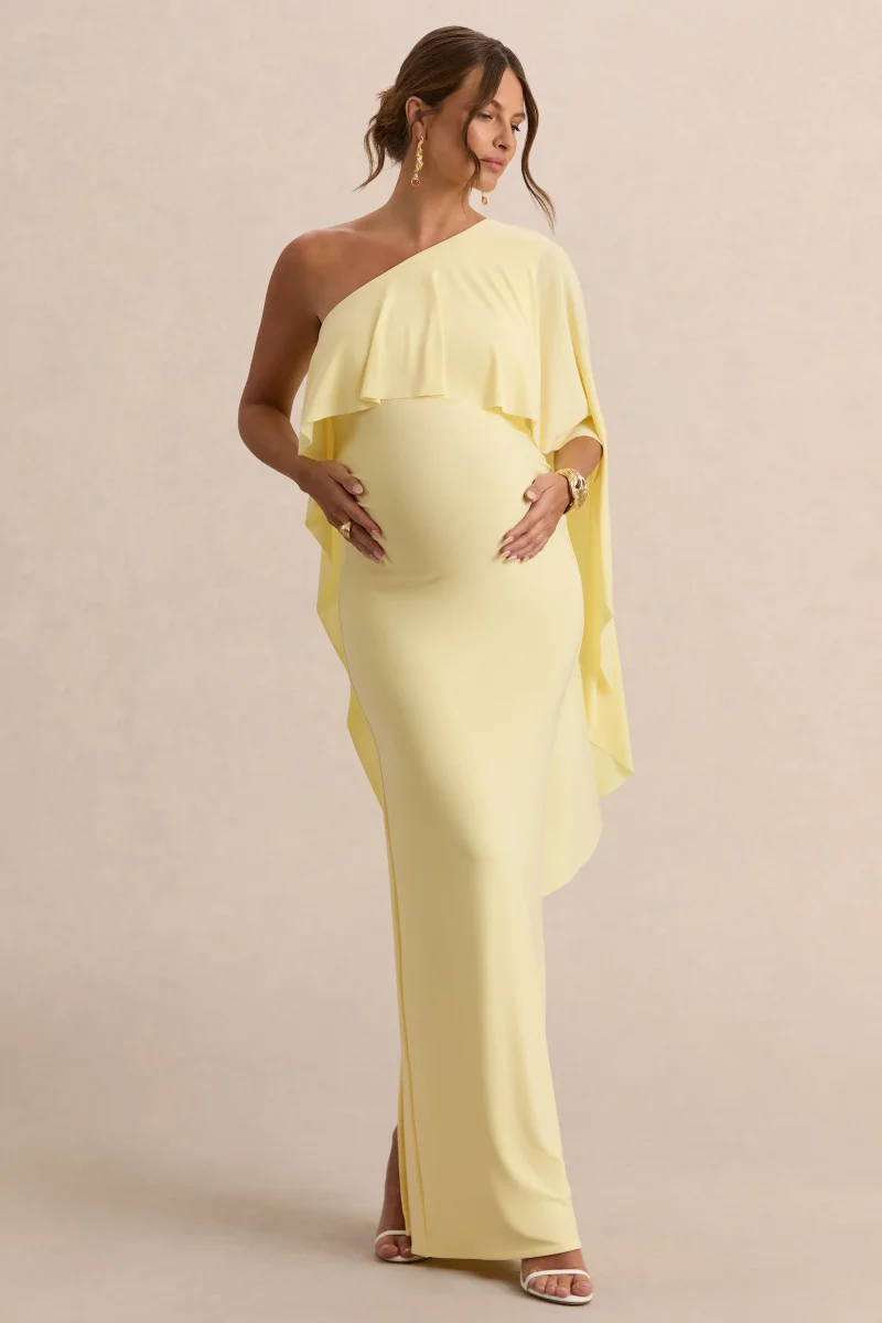 Cicely | Vestido Largo Premamá Limón Con Escote Asimétrico Y Manga Capa