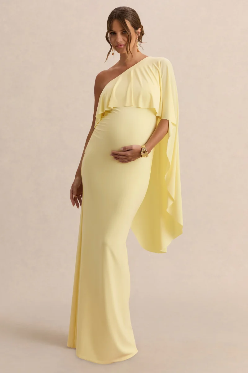 Cicely | Vestido Largo Premamá Limón Con Escote Asimétrico Y Manga Capa - Imagen 6