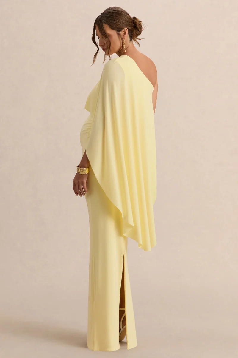 Cicely | Vestido Largo Premamá Limón Con Escote Asimétrico Y Manga Capa - Imagen 3