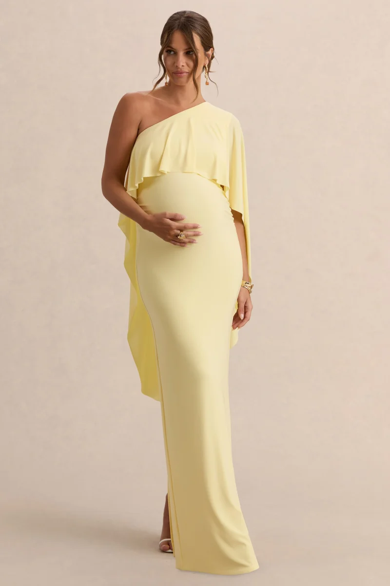 Cicely | Vestido Largo Premamá Limón Con Escote Asimétrico Y Manga Capa - Imagen 7