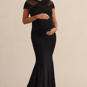 Elin | Vestido Largo Premamá Negro Con Escote Bardot