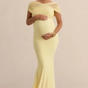 Elin | Vestido Largo Premamá Limón Con Escote Bardot