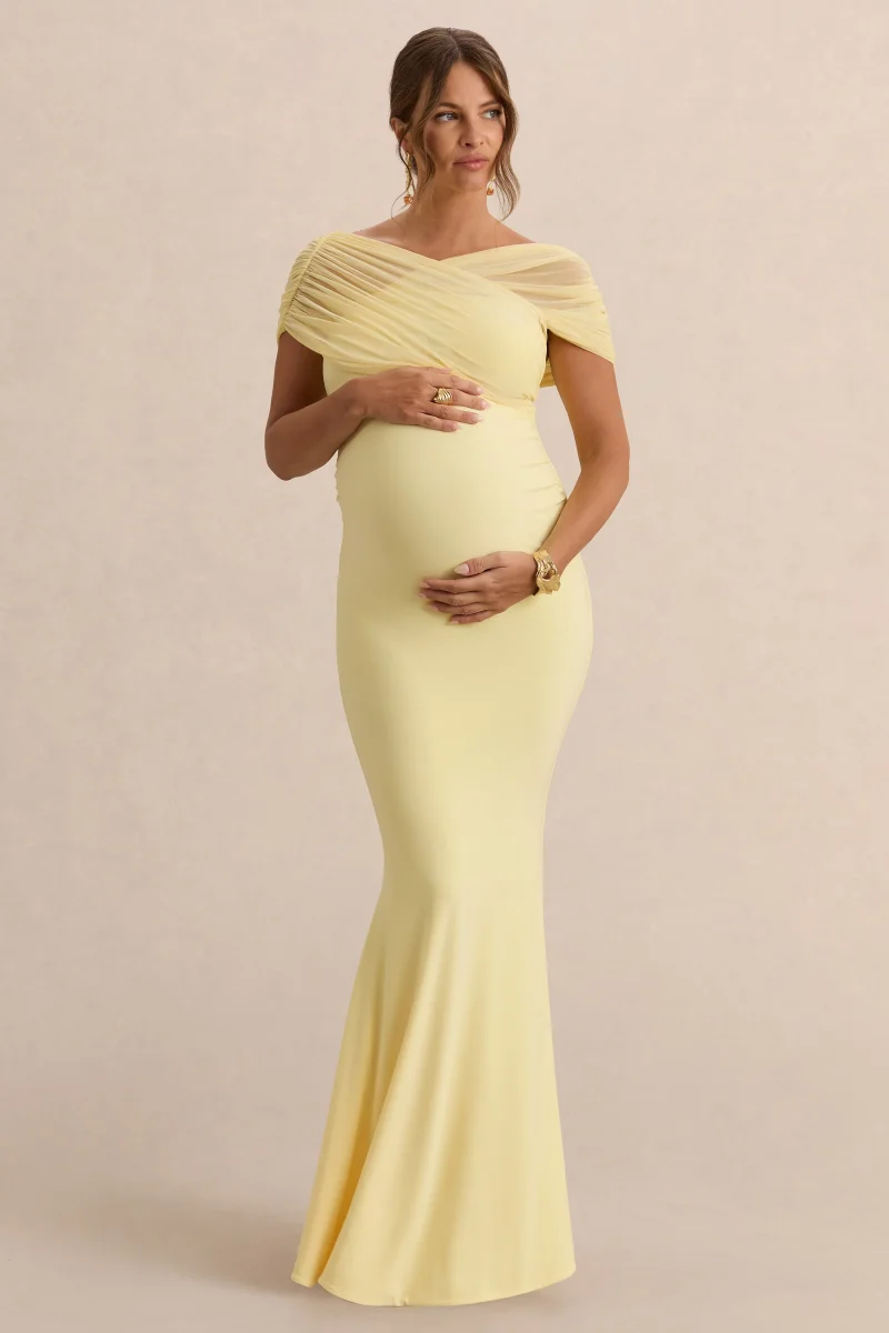 Elin | Vestido Largo Premamá Limón Con Escote Bardot