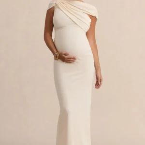 Eulalia | Vestido Largo Premamá Crema Con Escote Asimétrico Y Detalle De Capa