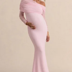 Ianthe | Vestido Largo Premamá Rosa Claro Con Escote Asimétrico Y Mangas Largas De Malla