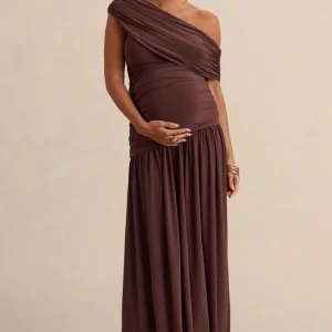Marjorie | Vestido Largo Marrón oscuro Premamá de Escote Asimétrico
