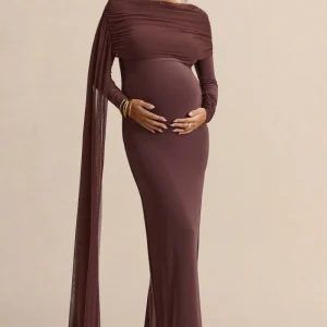 Annelia | Vestido Largo Marrón oscuro de Cuello Alto Premamá con Detalle de Fajín