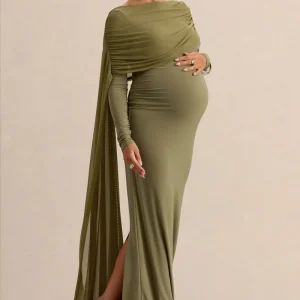 Annelia | Vestido Largo Oliva de Cuello Alto Premamá con Detalle de Fajín