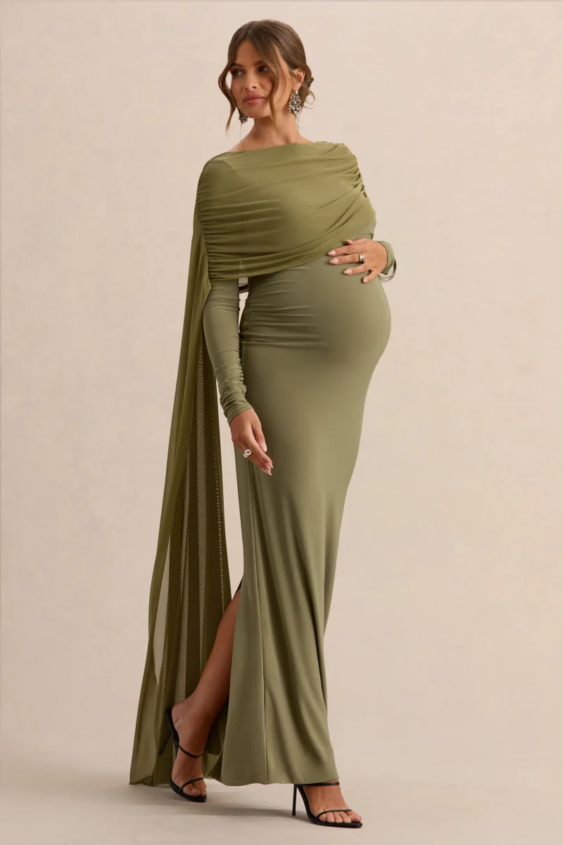 Annelia | Vestido Largo Oliva de Cuello Alto Premamá con Detalle de Fajín - Imagen 2