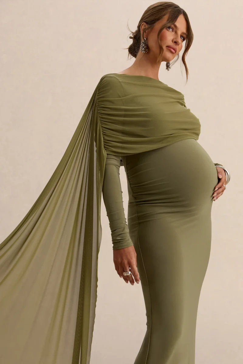 Annelia | Vestido Largo Oliva de Cuello Alto Premamá con Detalle de Fajín - Imagen 4