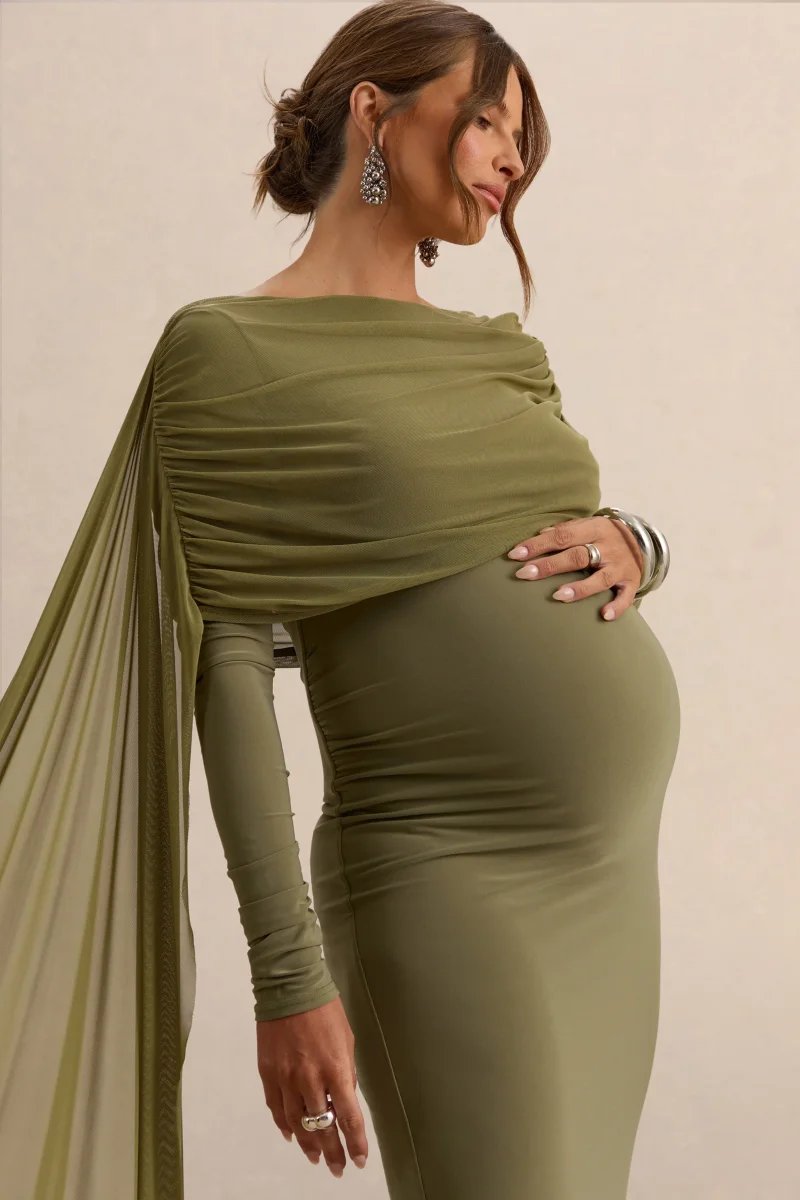 Annelia | Vestido Largo Oliva de Cuello Alto Premamá con Detalle de Fajín - Imagen 6