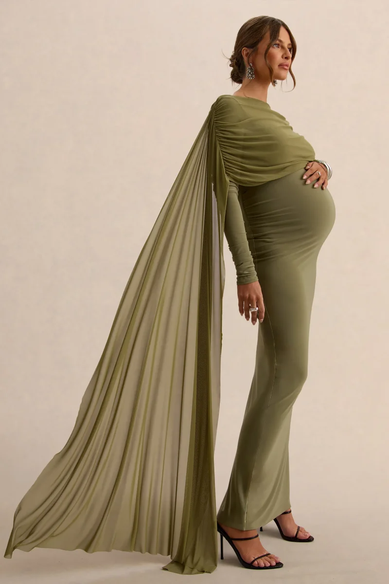Annelia | Vestido Largo Oliva de Cuello Alto Premamá con Detalle de Fajín - Imagen 5