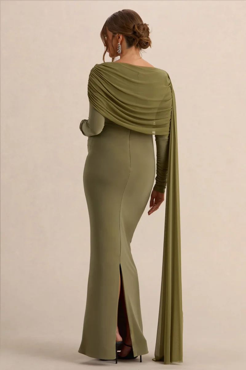 Annelia | Vestido Largo Oliva de Cuello Alto Premamá con Detalle de Fajín - Imagen 3