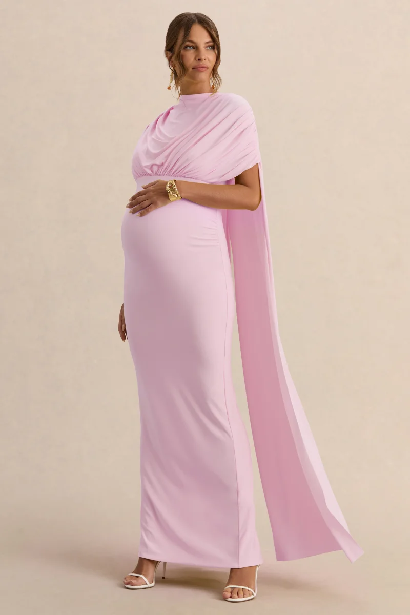 Araminta | Vestido Largo Premamá Rosa Claro Con Escote Bardot Y Mangas Capa - Imagen 7
