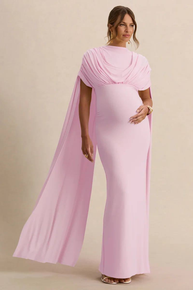 Araminta | Vestido Largo Premamá Rosa Claro Con Escote Bardot Y Mangas Capa - Imagen 6