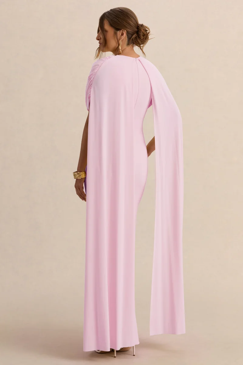 Araminta | Vestido Largo Premamá Rosa Claro Con Escote Bardot Y Mangas Capa - Imagen 3