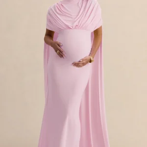 Araminta | Vestido Largo Premamá Rosa Claro Con Escote Bardot Y Mangas Capa
