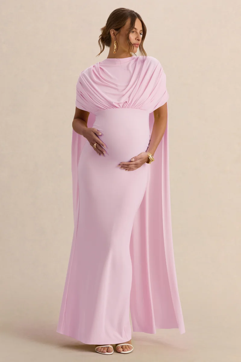 Araminta | Vestido Largo Premamá Rosa Claro Con Escote Bardot Y Mangas Capa