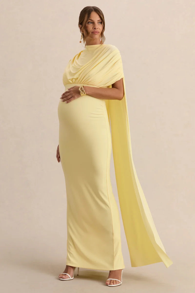 Araminta | Vestido Largo Premamá Limón Con Escote Bardot Y Mangas Capa - Imagen 5