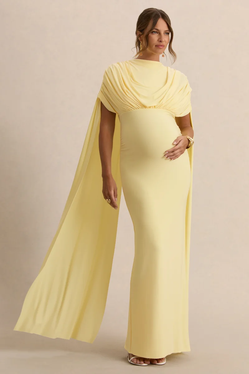 Araminta | Vestido Largo Premamá Limón Con Escote Bardot Y Mangas Capa - Imagen 6