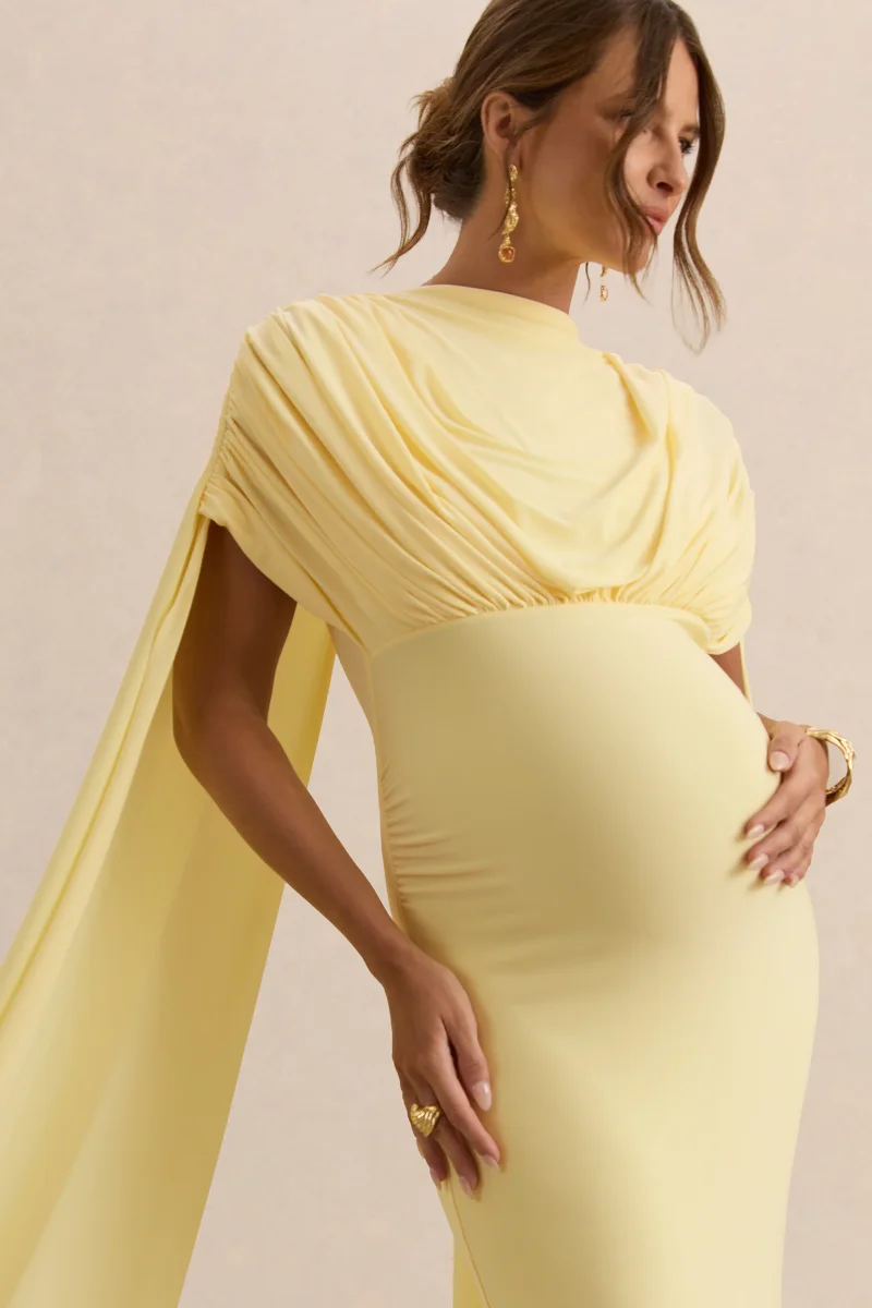 Araminta | Vestido Largo Premamá Limón Con Escote Bardot Y Mangas Capa - Imagen 4