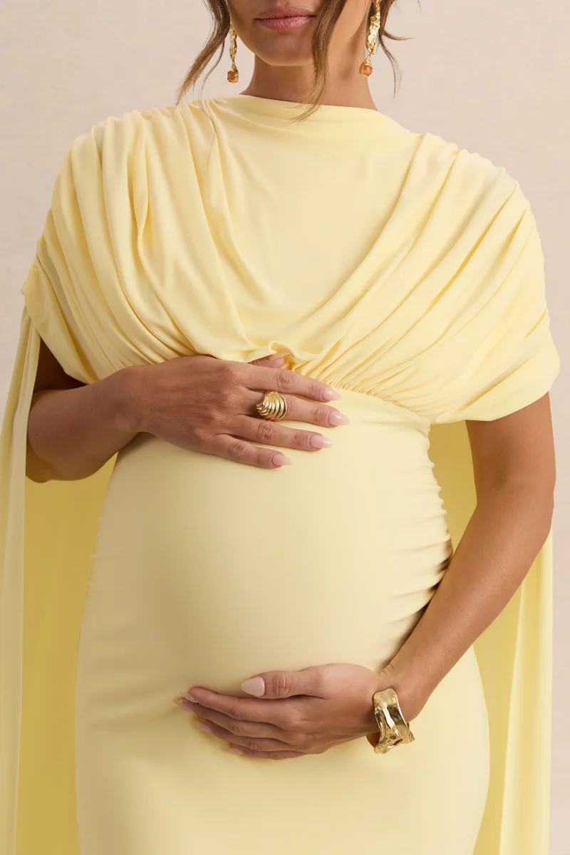 Araminta | Vestido Largo Premamá Limón Con Escote Bardot Y Mangas Capa - Imagen 7