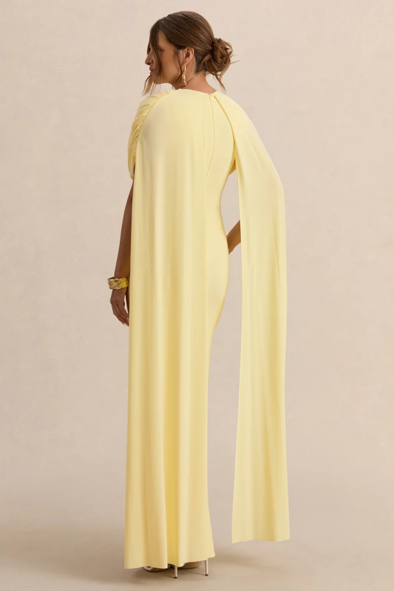 Araminta | Vestido Largo Premamá Limón Con Escote Bardot Y Mangas Capa - Imagen 3