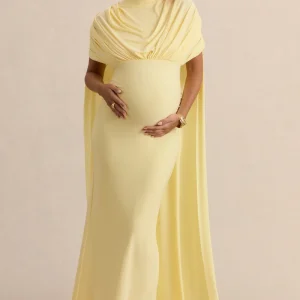 Araminta | Vestido Largo Premamá Limón Con Escote Bardot Y Mangas Capa