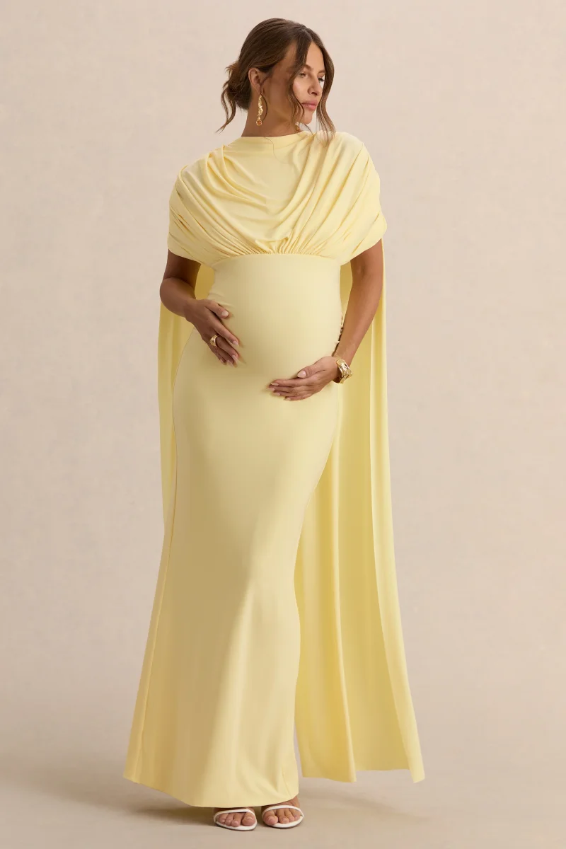 Araminta | Vestido Largo Premamá Limón Con Escote Bardot Y Mangas Capa - Imagen 2